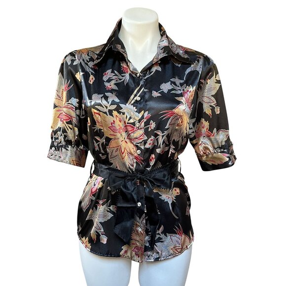 Vintage Y2K NWT 1950s-Style Satin Floral Button-Up Blouse With Tie Waist - Picture 1 of 9